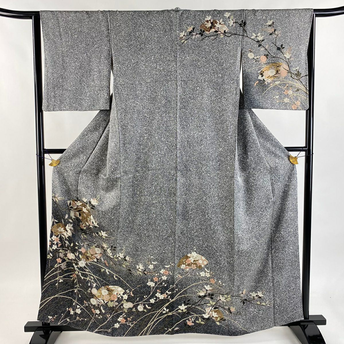 訪問服 身長161.5cm 袖長64cm M 雙層 扇子面 橘 金銀彩 漸層 黑灰 純蠶絲 名品級