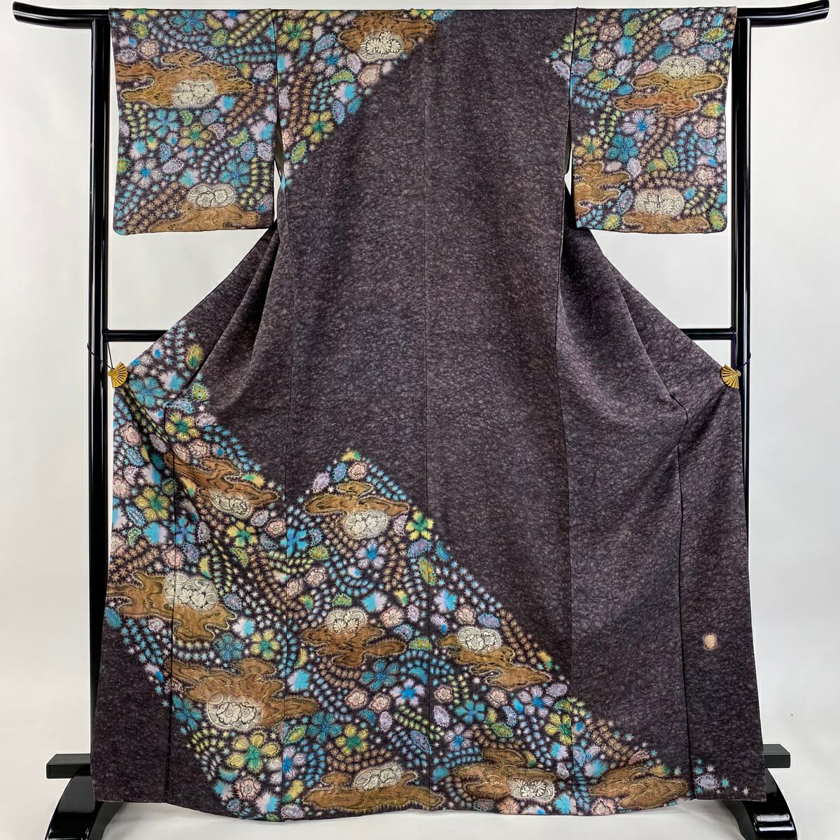 【美品】訪問服 身長168.5cm 袖長63.5cm S 雙層 梅花原虎峰 落款 草花紋紋 霞 銀通 金銀彩 紫 純蠶絲 名品級