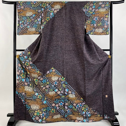 【美品】訪問服 身長168.5cm 袖長63.5cm S 雙層 梅花原虎峰 落款 草花紋紋 霞 銀通 金銀彩 紫 純蠶絲 名品級