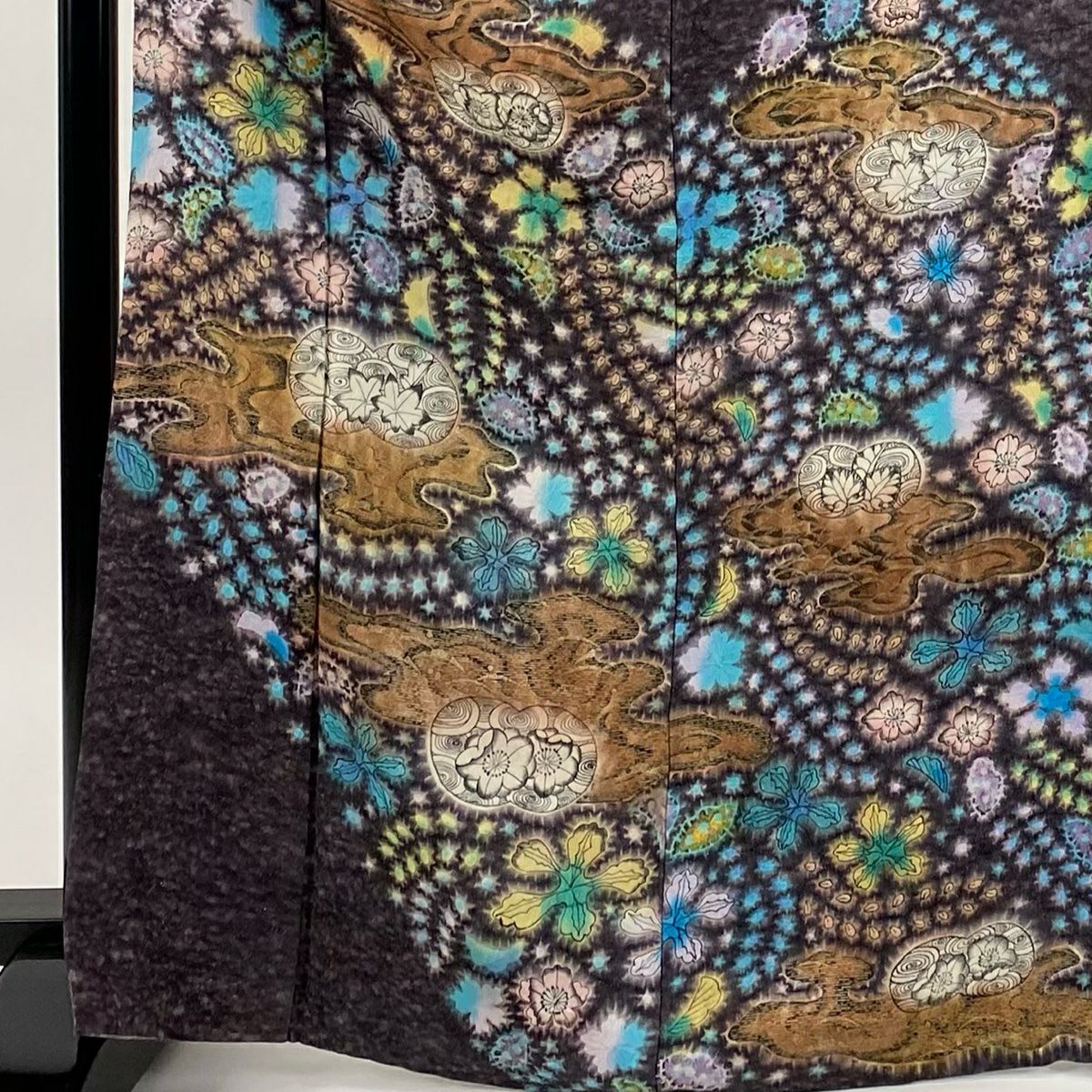 【美品】訪問服 身長168.5cm 袖長63.5cm S 雙層 梅花原虎峰 落款 草花紋紋 霞 銀通 金銀彩 紫 純蠶絲 名品級