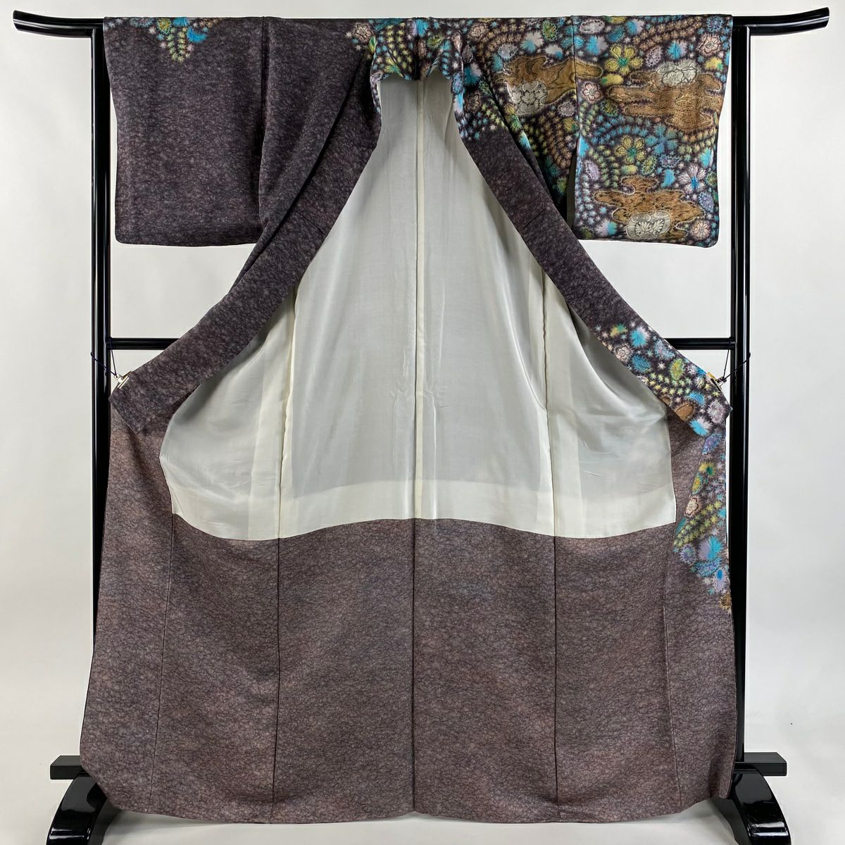 【美品】訪問服 身長168.5cm 袖長63.5cm S 雙層 梅花原虎峰 落款 草花紋紋 霞 銀通 金銀彩 紫 純蠶絲 名品級