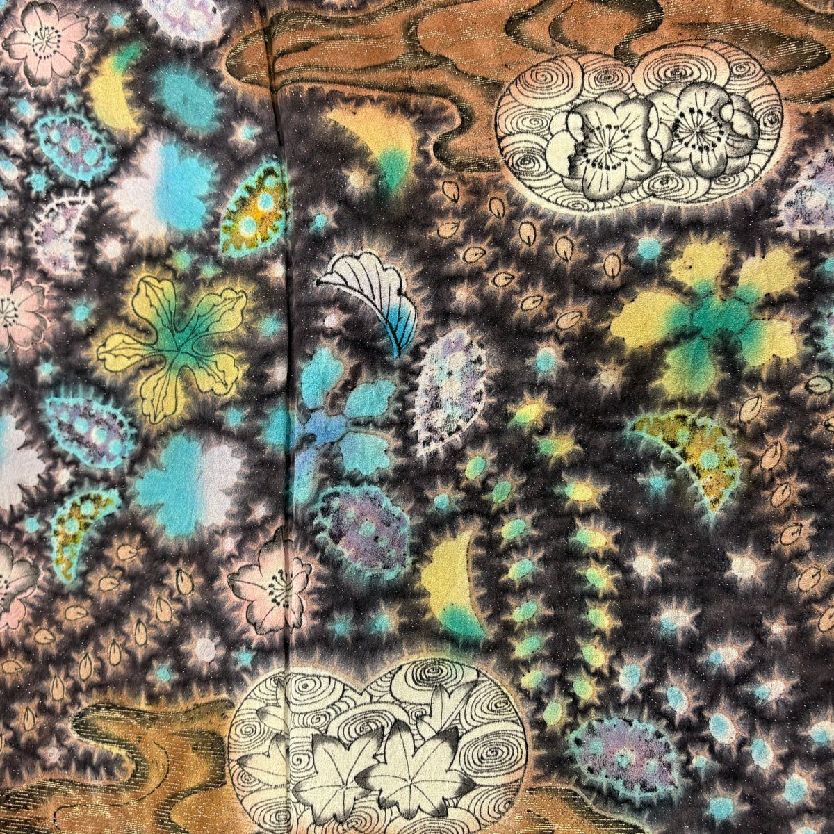 【美品】訪問服 身長168.5cm 袖長63.5cm S 雙層 梅花原虎峰 落款 草花紋紋 霞 銀通 金銀彩 紫 純蠶絲 名品級