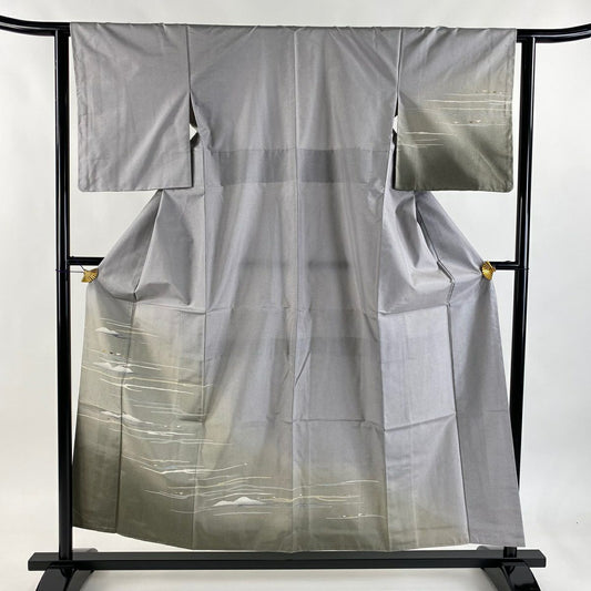 【美品】 付下 身長155cm 袖長62cm S 雙層 大島紬織地 やまと 證書あり 霞 幾何學 金銀彩 漸層 灰色 純蠶絲 名品級