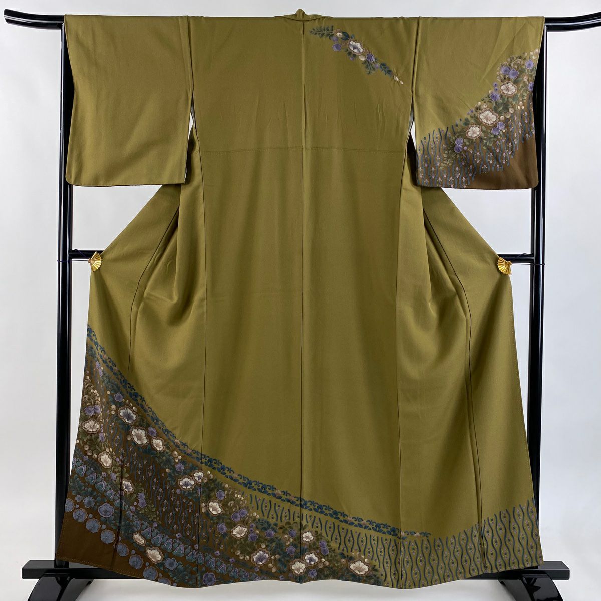 訪問服 身長160cm 袖長66.5cm M 雙層 草花紋紋 立涌 金銀彩 絞染 茶綠 純蠶絲 名品級