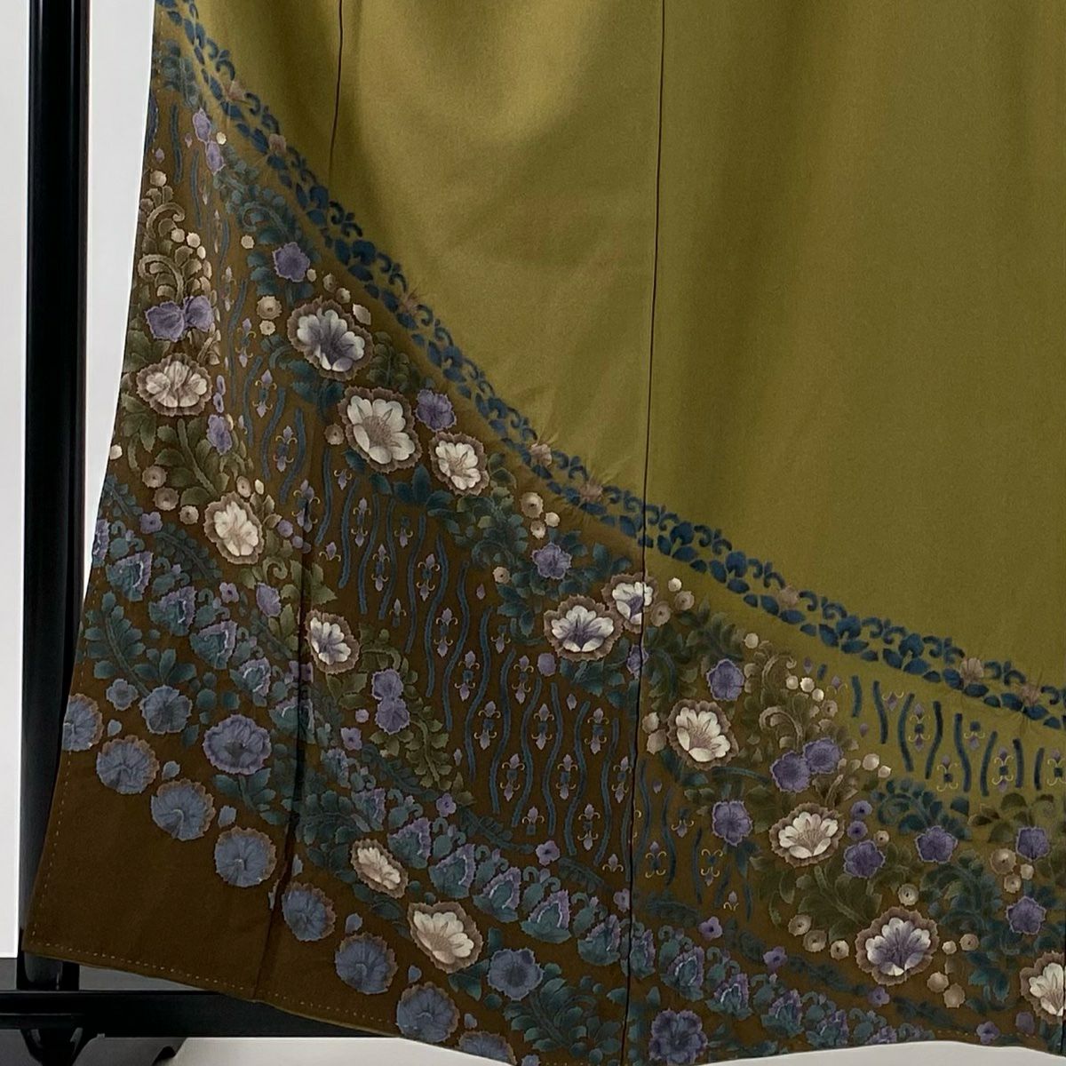 訪問服 身長160cm 袖長66.5cm M 雙層 草花紋紋 立涌 金銀彩 絞染 茶綠 純蠶絲 名品級