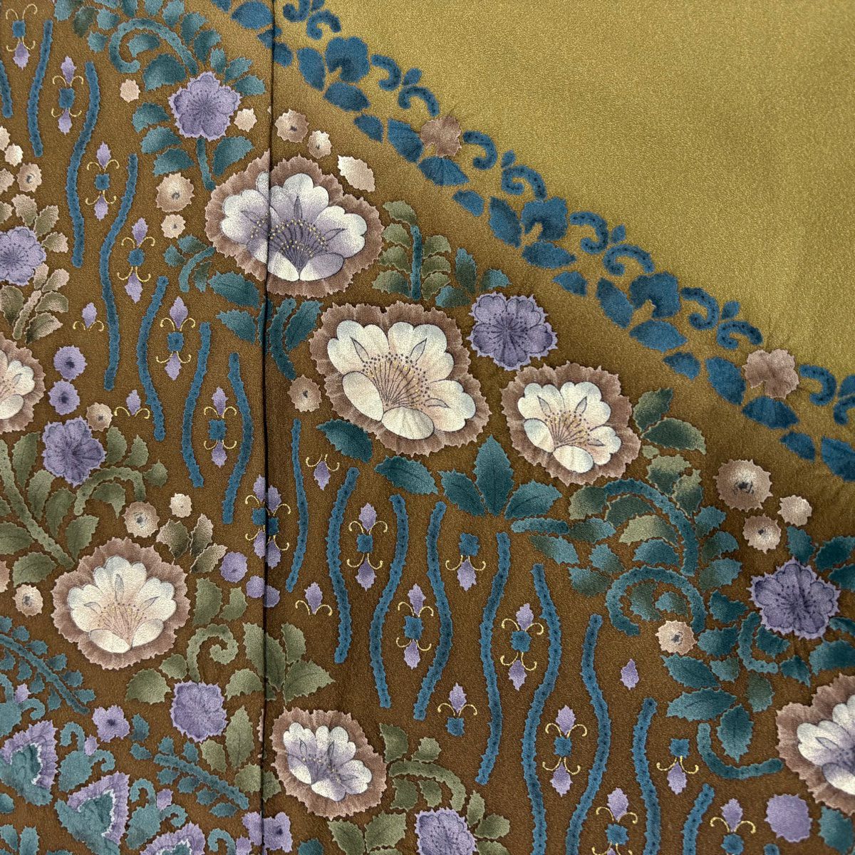 訪問服 身長160cm 袖長66.5cm M 雙層 草花紋紋 立涌 金銀彩 絞染 茶綠 純蠶絲 名品級