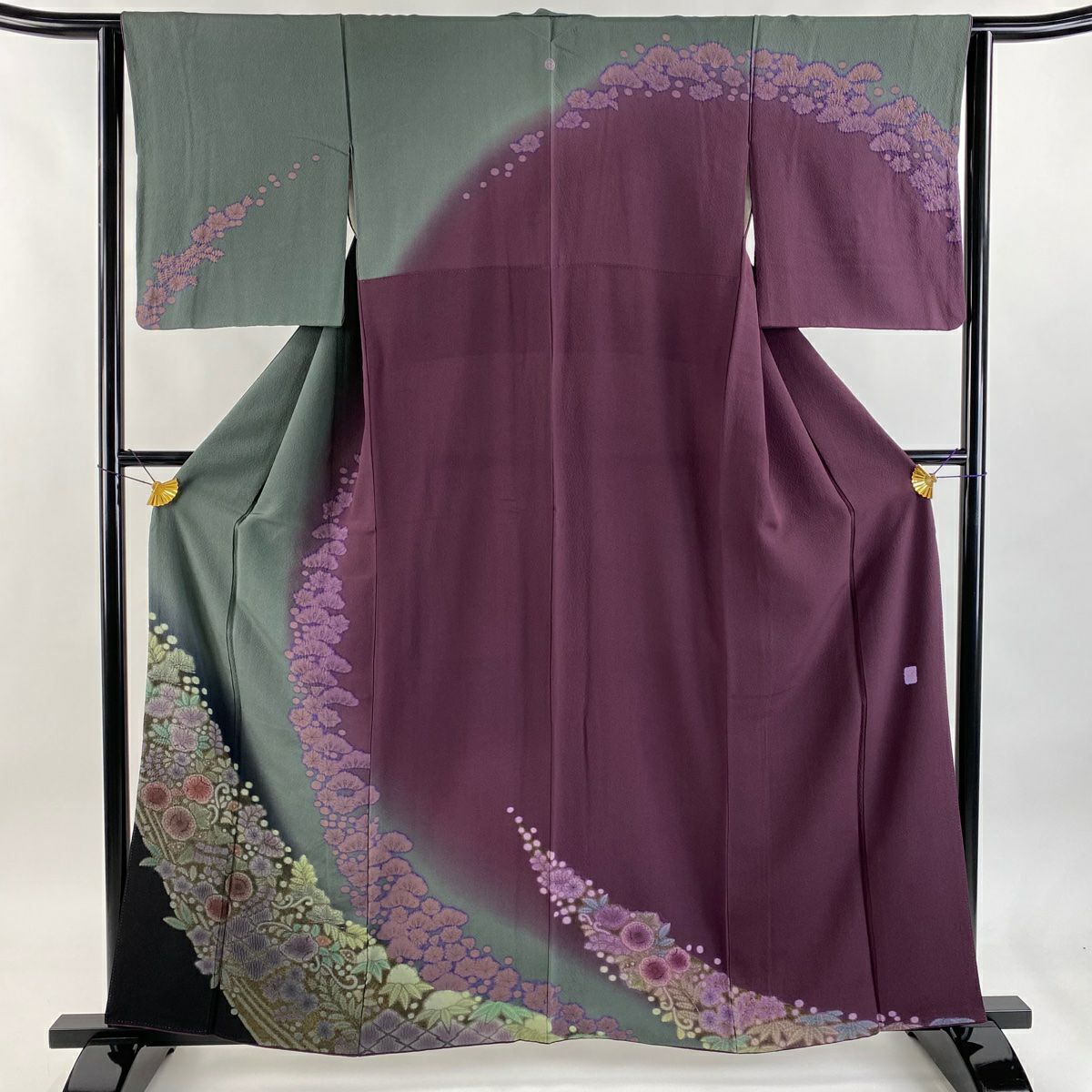 訪問服 身長160cm 袖長64cm M 雙層 滝泰 落款あり 辻花染 花唐草紋 金糸 絞染 灰綠 純蠶絲 名品級 一つ紋