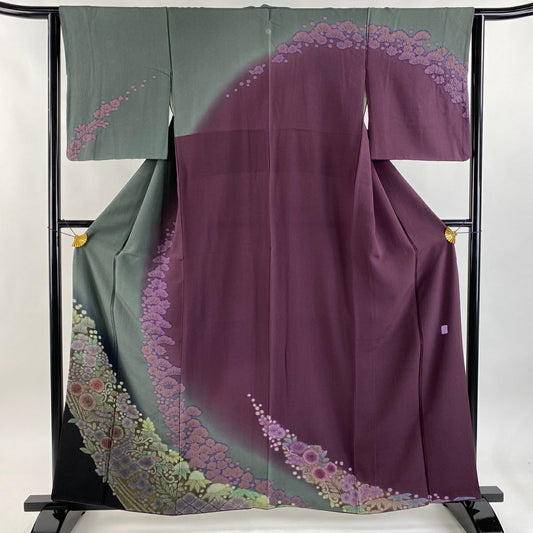 訪問服 身長160cm 袖長64cm M 雙層 滝泰 落款あり 辻花染 花唐草紋 金糸 絞染 灰綠 純蠶絲 名品級 一つ紋