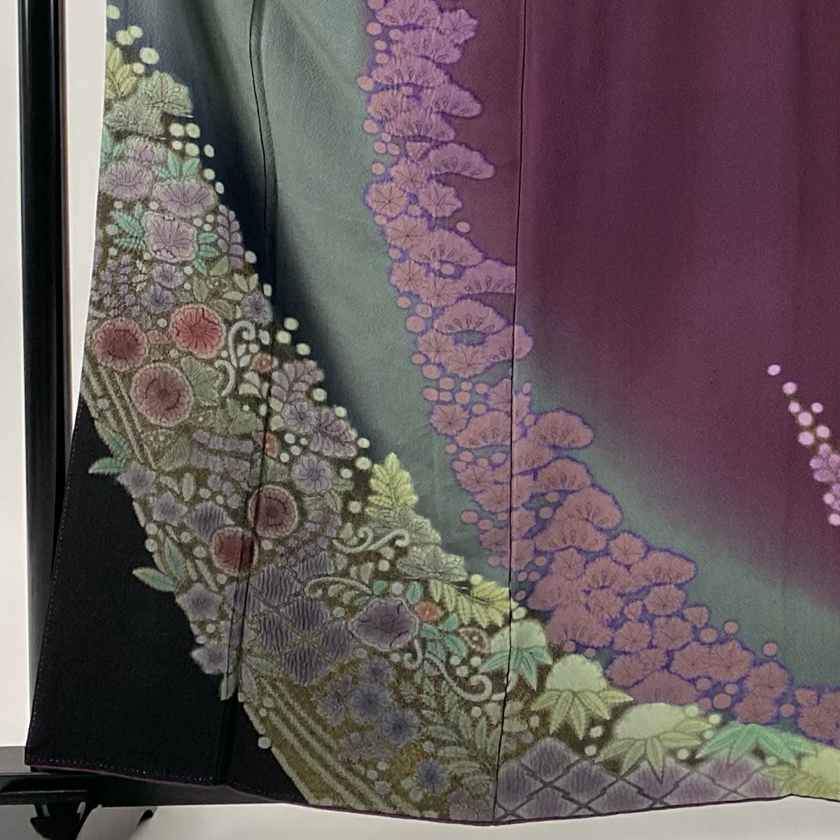 訪問服 身長160cm 袖長64cm M 雙層 滝泰 落款あり 辻花染 花唐草紋 金糸 絞染 灰綠 純蠶絲 名品級 一つ紋
