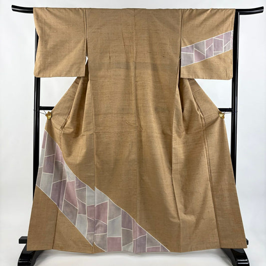 訪問服 身長165cm 袖長67cm M 雙層 紬織織 花 芝 刺繡 薄茶 純蠶絲 名品級