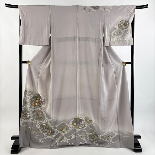 訪問服 身長171cm 袖長66.5cm M 雙層 家屋 草花紋紋 金銀彩 刺繡 灰紫 純蠶絲 名品級
