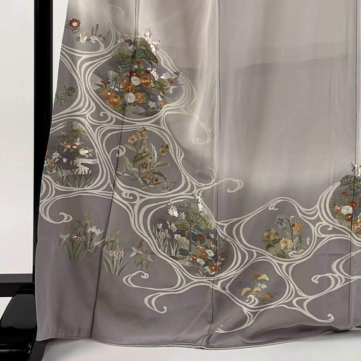 訪問服 身長171cm 袖長66.5cm M 雙層 家屋 草花紋紋 金銀彩 刺繡 灰紫 純蠶絲 名品級