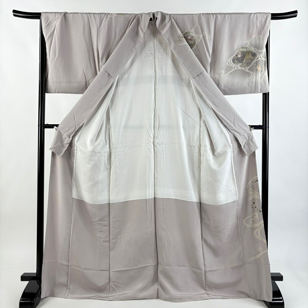 訪問服 身長171cm 袖長66.5cm M 雙層 家屋 草花紋紋 金銀彩 刺繡 灰紫 純蠶絲 名品級