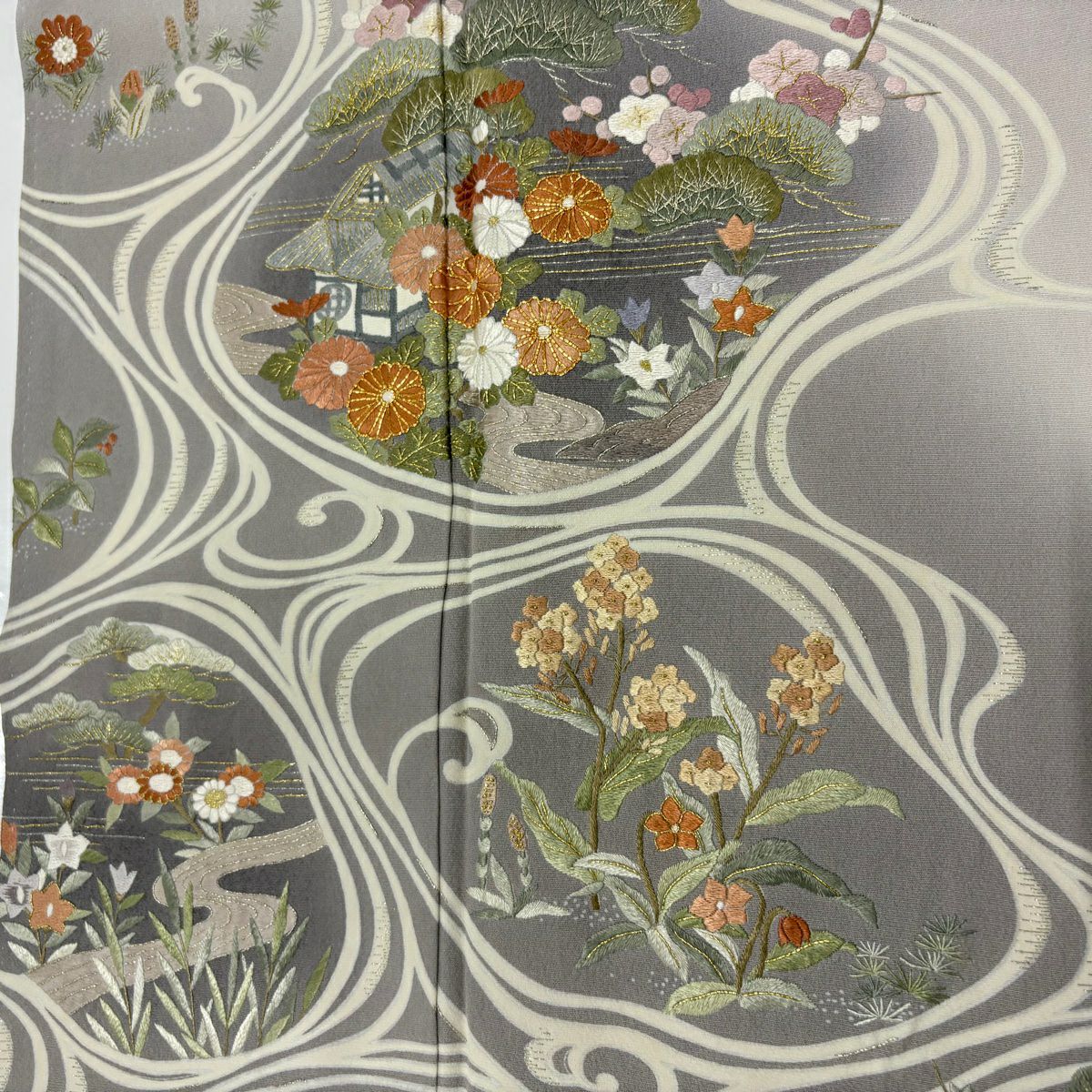 訪問服 身長171cm 袖長66.5cm M 雙層 家屋 草花紋紋 金銀彩 刺繡 灰紫 純蠶絲 名品級