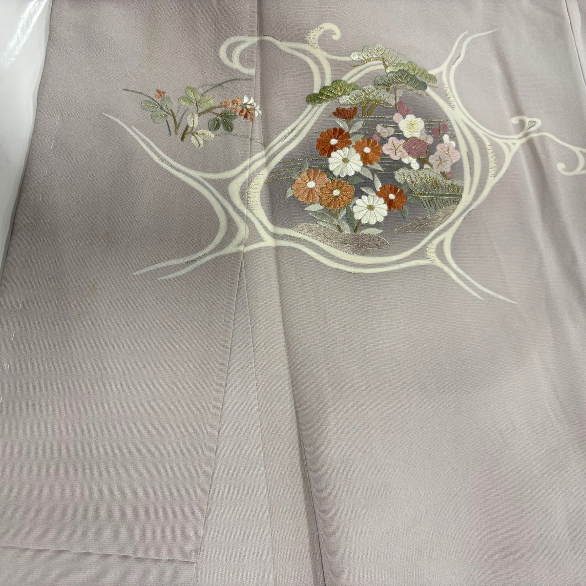 訪問服 身長171cm 袖長66.5cm M 雙層 家屋 草花紋紋 金銀彩 刺繡 灰紫 純蠶絲 名品級