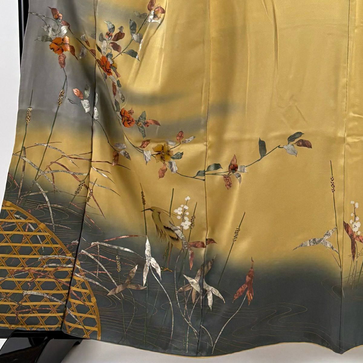 訪問服 身長160cm 袖長63cm S 雙層 落款あり 枝花 鳥 螺鈿 金銀彩 薄黃土 純蠶絲 秀品級 一つ紋