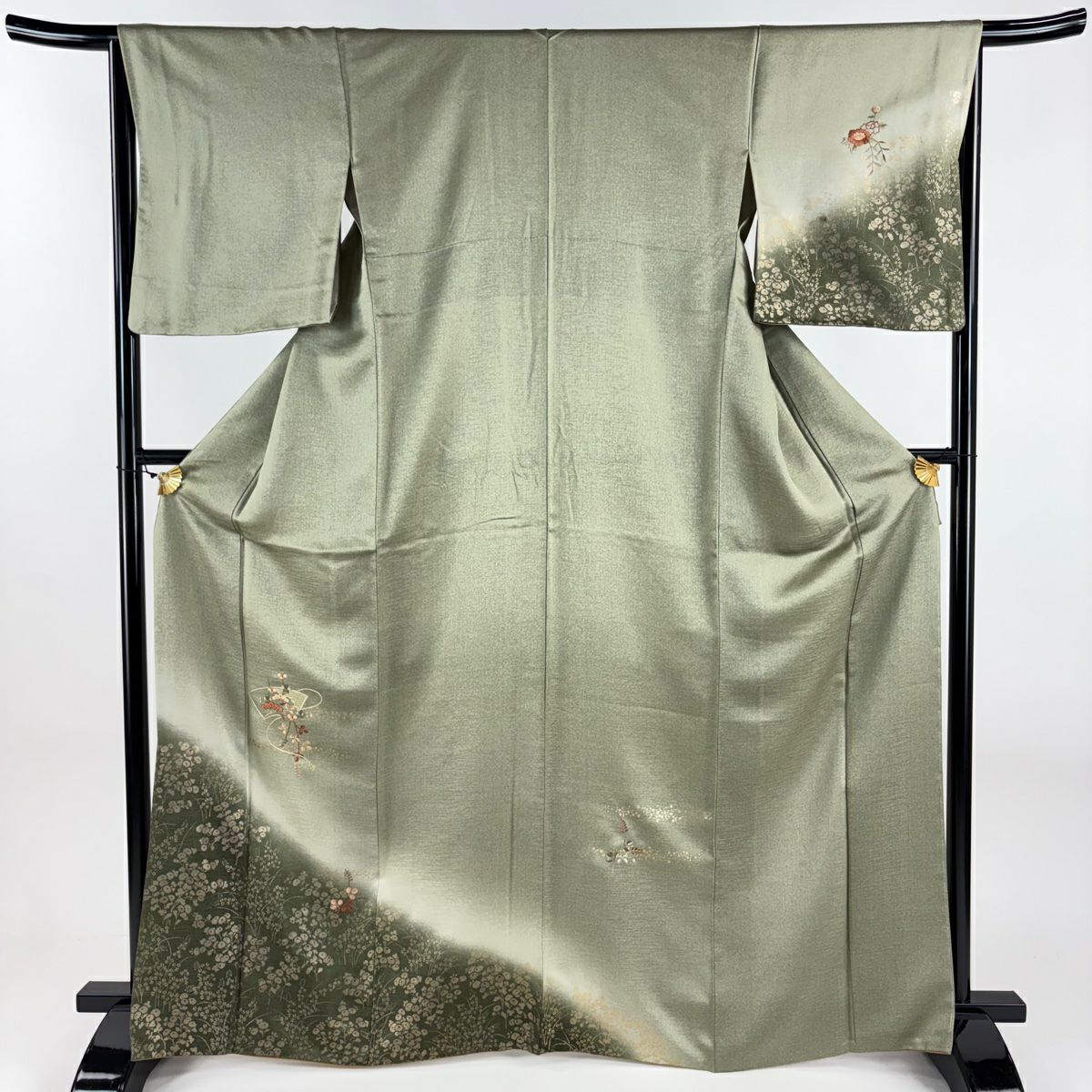 付下 身長165cm 袖長65cm M 雙層 扇子面 松樹梅花 刺繡 金彩裝飾 灰綠 純蠶絲 秀品級