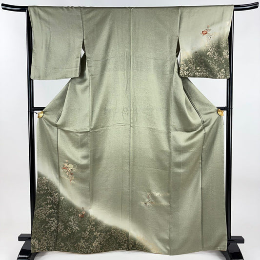 付下 身長165cm 袖長65cm M 雙層 扇子面 松樹梅花 刺繡 金彩裝飾 灰綠 純蠶絲 秀品級