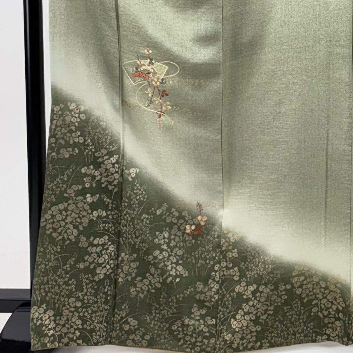付下 身長165cm 袖長65cm M 雙層 扇子面 松樹梅花 刺繡 金彩裝飾 灰綠 純蠶絲 秀品級