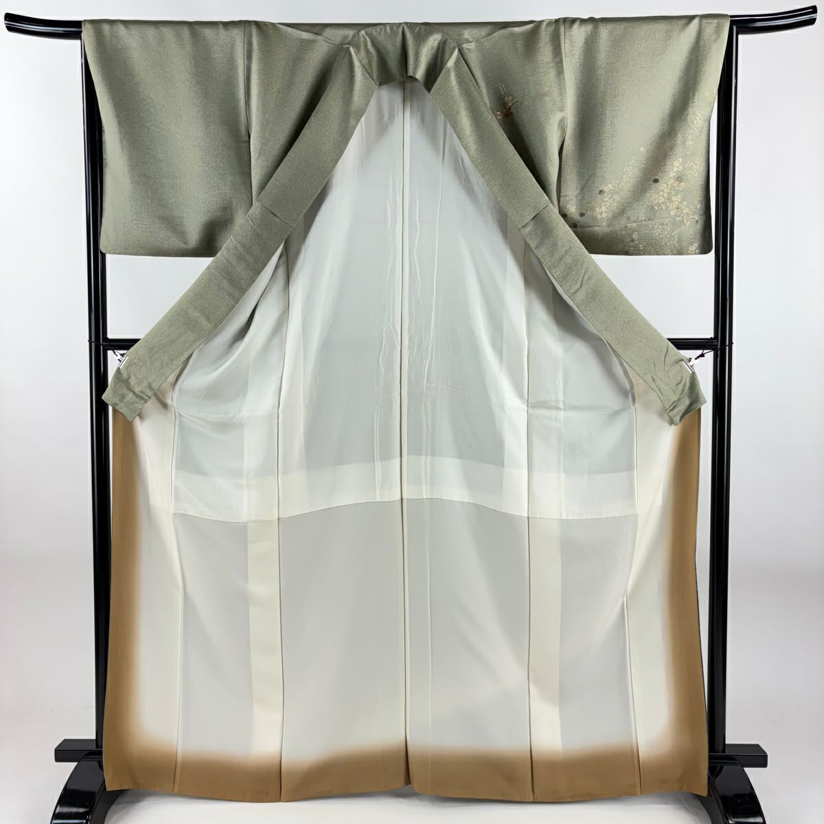 付下 身長165cm 袖長65cm M 雙層 扇子面 松樹梅花 刺繡 金彩裝飾 灰綠 純蠶絲 秀品級
