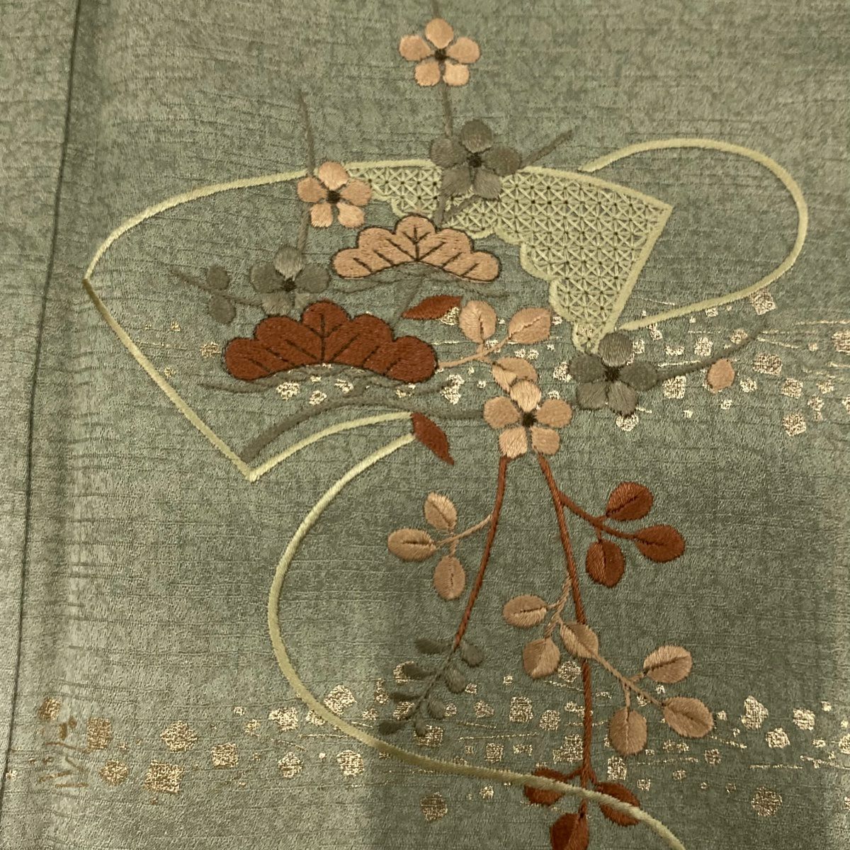 付下 身長165cm 袖長65cm M 雙層 扇子面 松樹梅花 刺繡 金彩裝飾 灰綠 純蠶絲 秀品級