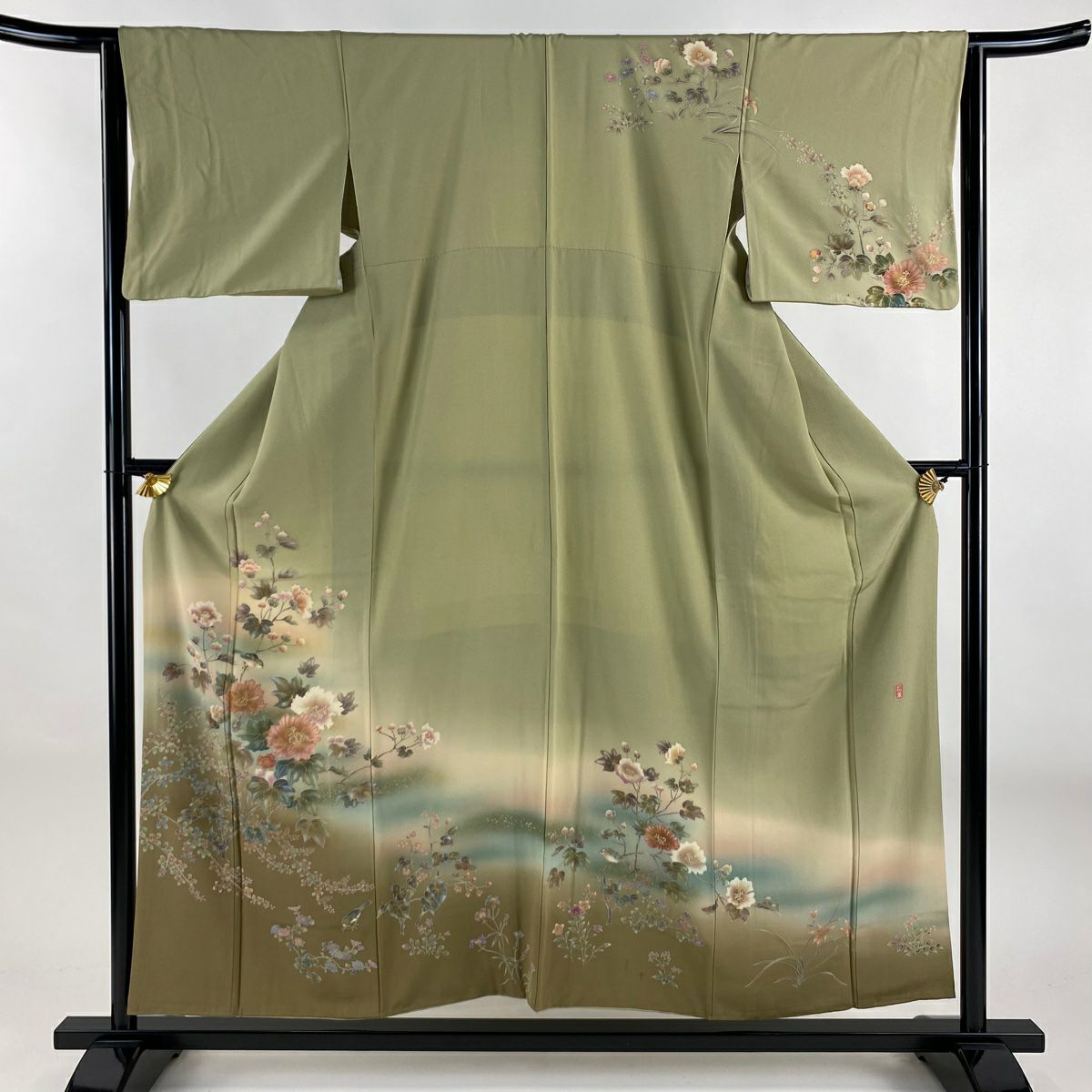 訪問服 身長155cm 袖長64cm M 雙層 落款有 枝花 鳥 金彩裝飾 漸層 灰綠 純蠶絲 優品級