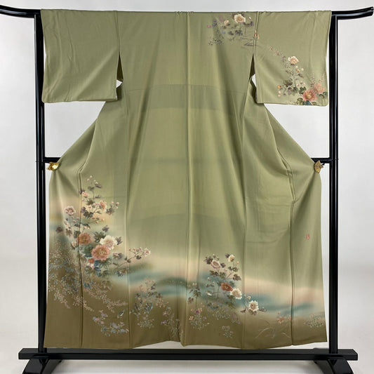 訪問服 身長155cm 袖長64cm M 雙層 落款有 枝花 鳥 金彩裝飾 漸層 灰綠 純蠶絲 優品級