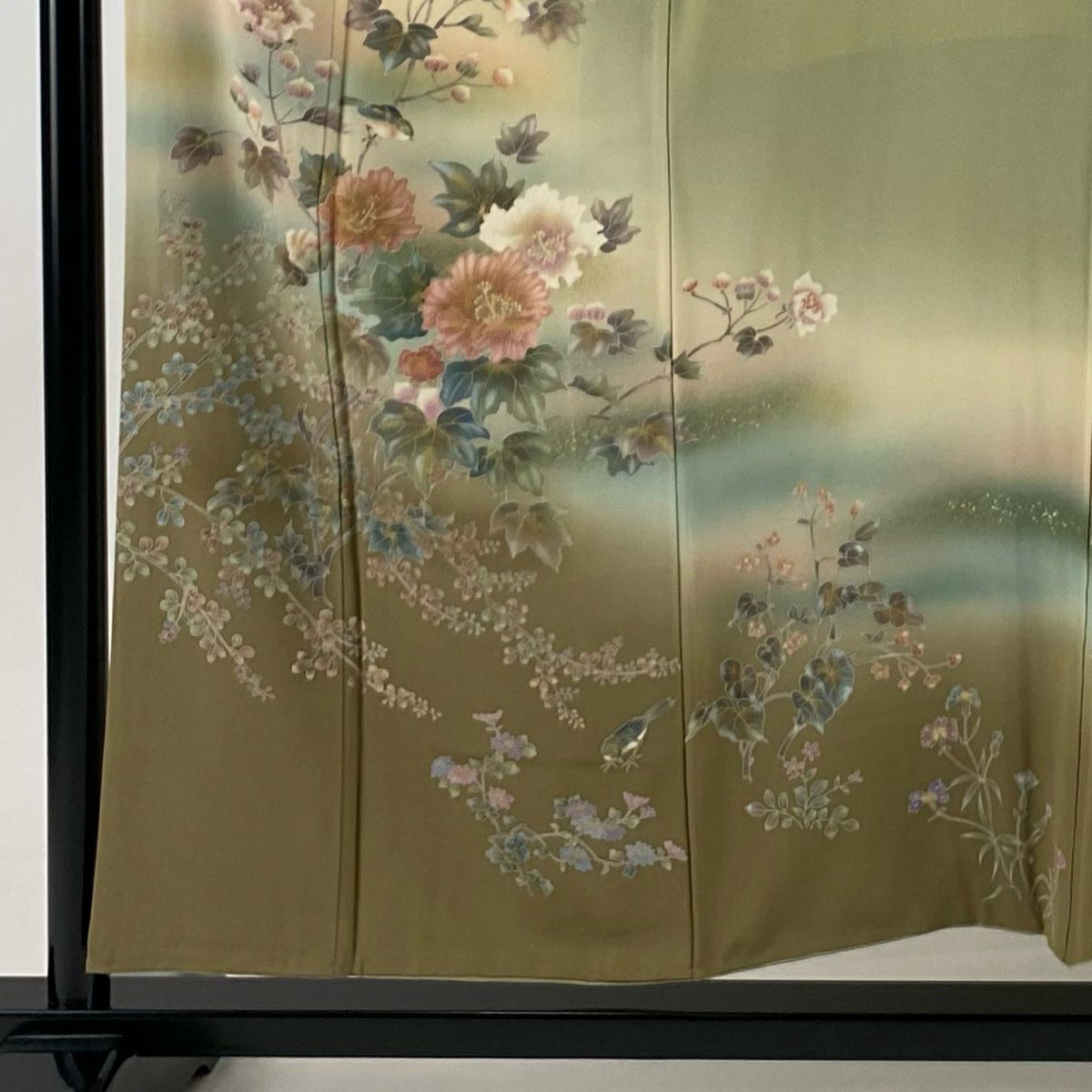 訪問服 身長155cm 袖長64cm M 雙層 落款有 枝花 鳥 金彩裝飾 漸層 灰綠 純蠶絲 優品級