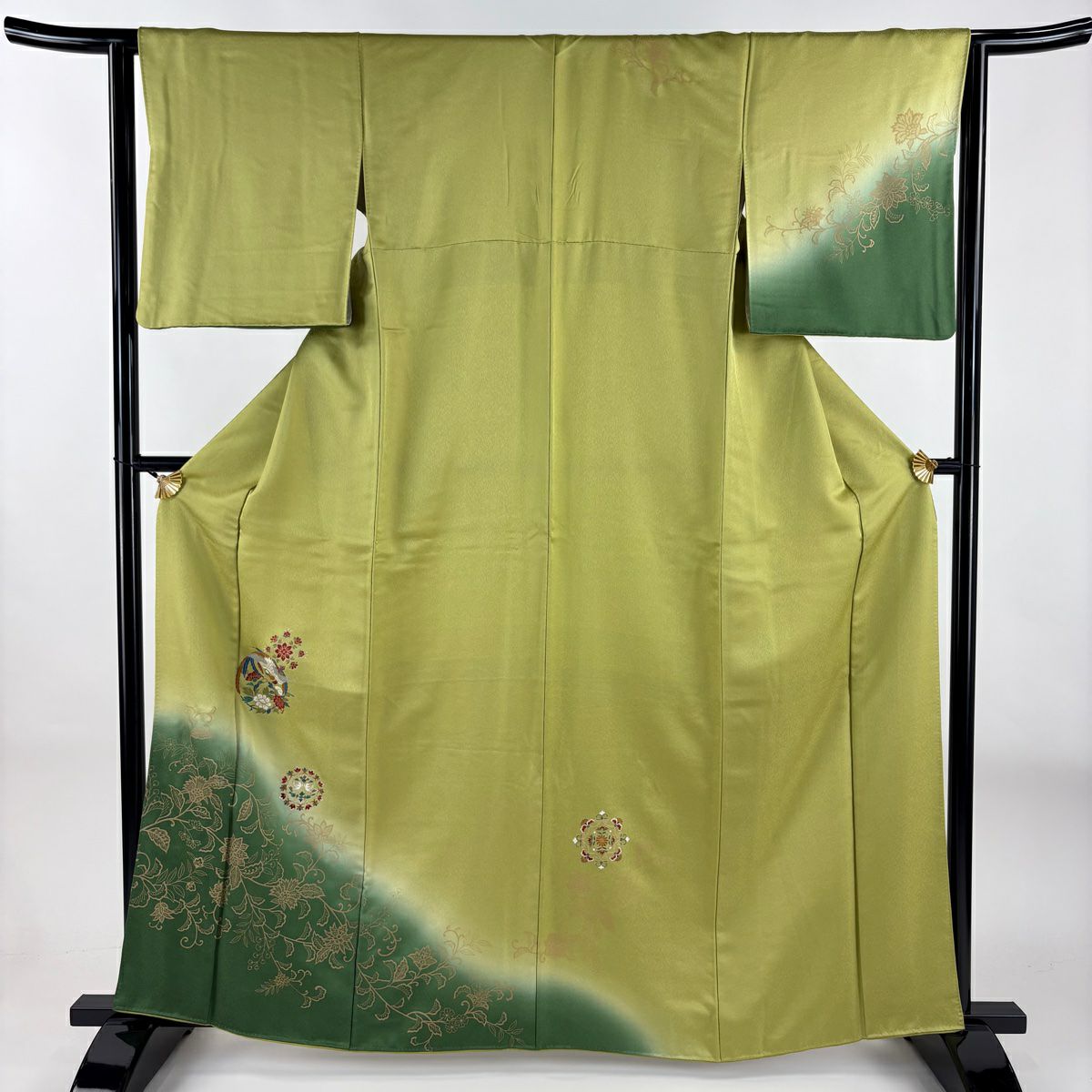 訪問服 身長163cm 袖長63.5cm S 雙層 花鳥 華紋 金彩裝飾 染分 黃綠 純蠶絲 秀品級