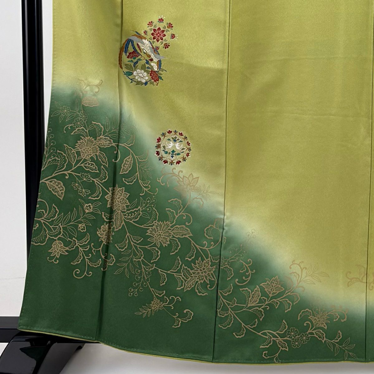訪問服 身長163cm 袖長63.5cm S 雙層 花鳥 華紋 金彩裝飾 染分 黃綠 純蠶絲 秀品級