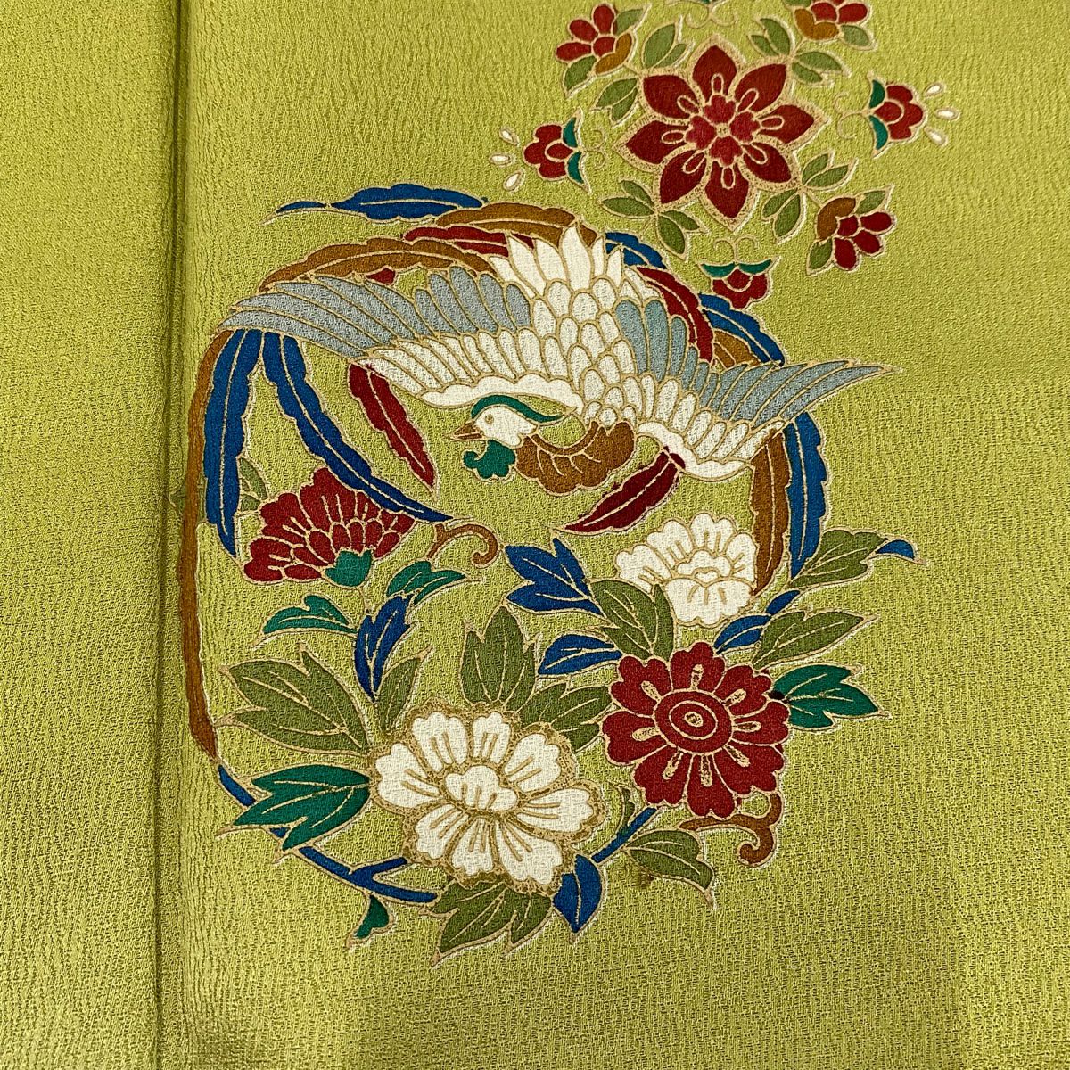 訪問服 身長163cm 袖長63.5cm S 雙層 花鳥 華紋 金彩裝飾 染分 黃綠 純蠶絲 秀品級
