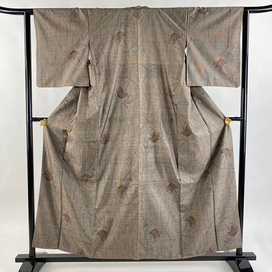 【美品】 紬織 身長156.5cm 袖長62.5cm S 雙層 蝶 幾何圖案 茶 純蠶絲 名品級