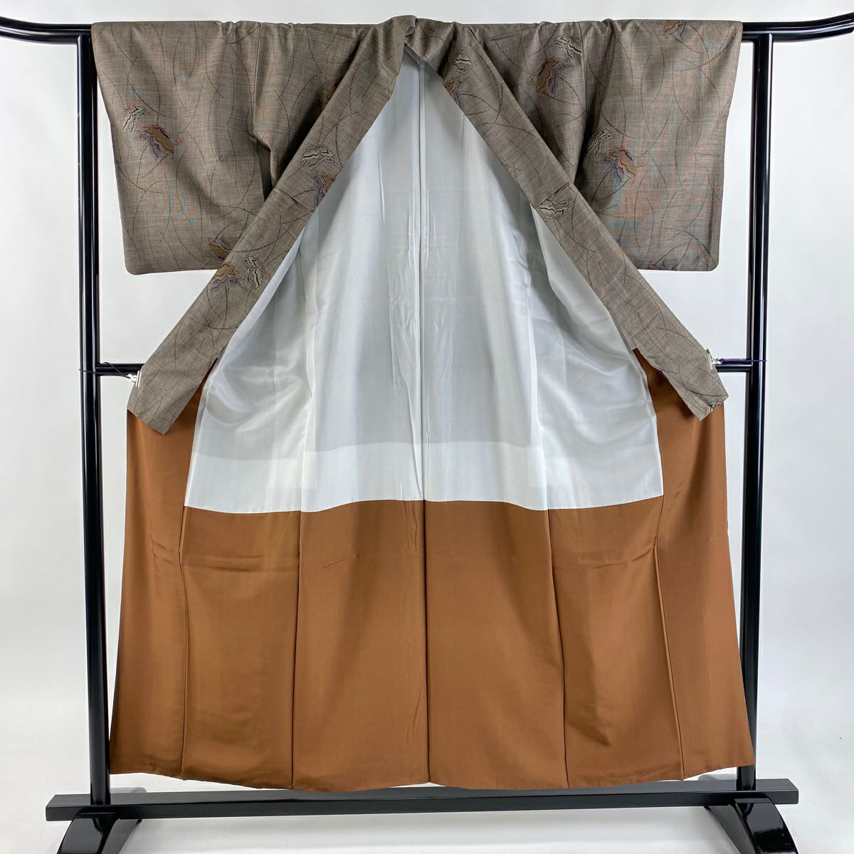 【美品】 紬織 身長156.5cm 袖長62.5cm S 雙層 蝶 幾何圖案 茶 純蠶絲 名品級