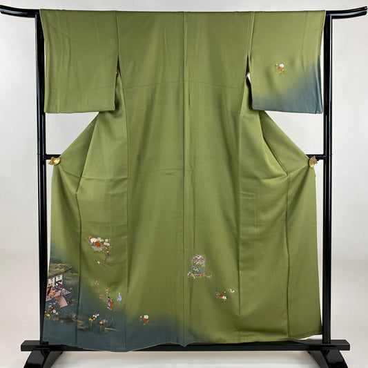 付下 身長157.5cm 袖長64cm M 雙層 檜扇子 人物刺繡 金彩裝飾 蓬色 純蠶絲 秀品級