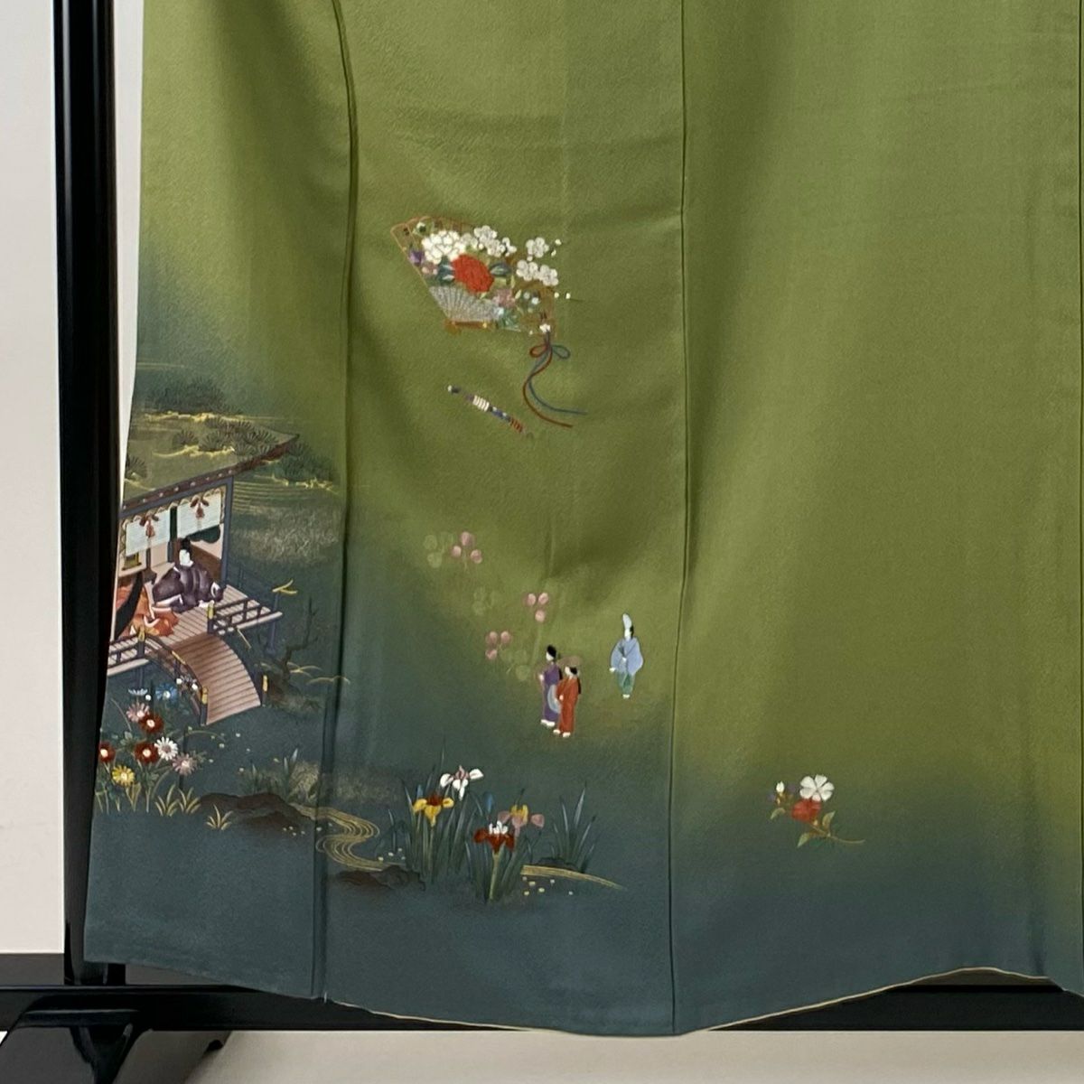 付下 身長157.5cm 袖長64cm M 雙層 檜扇子 人物刺繡 金彩裝飾 蓬色 純蠶絲 秀品級