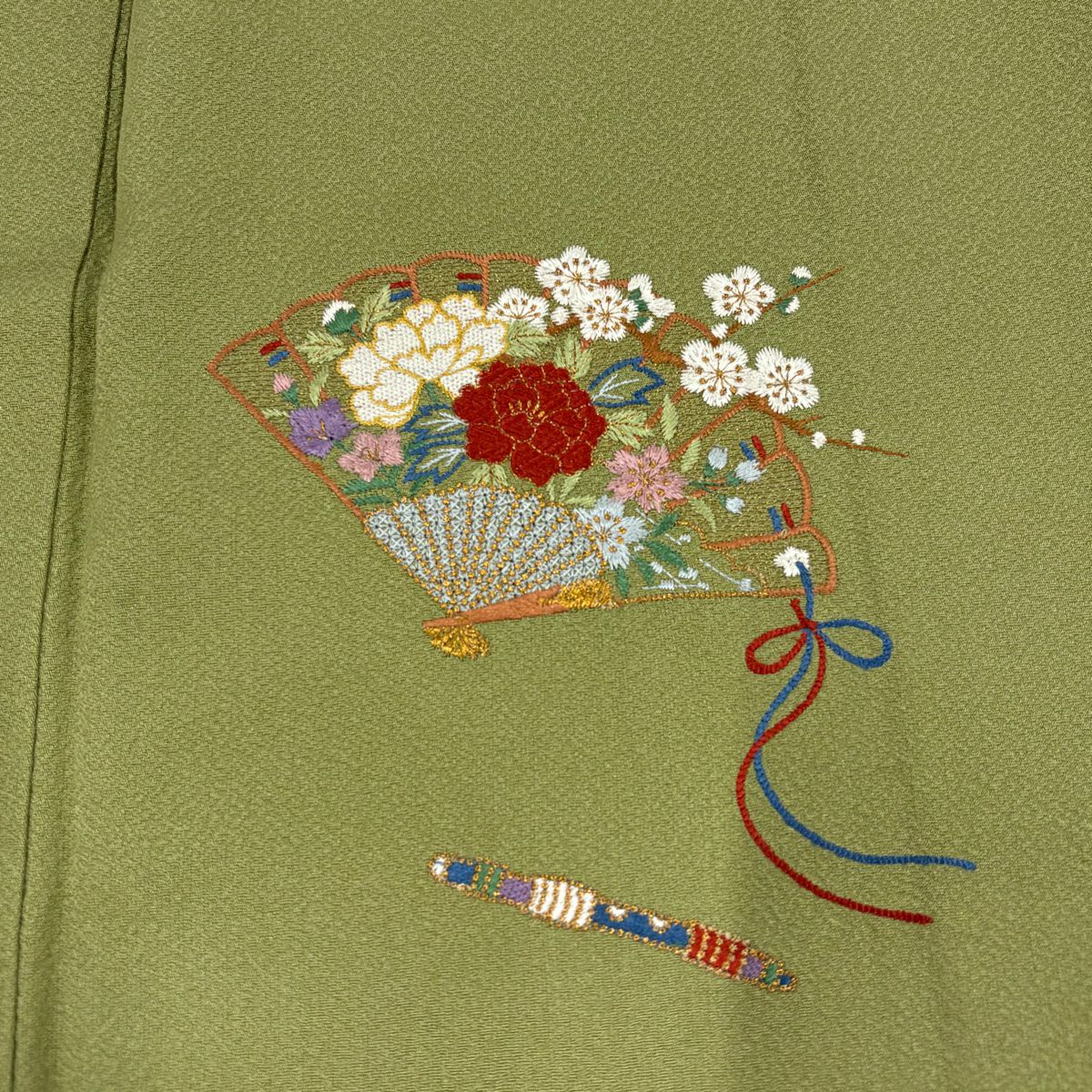 付下 身長157.5cm 袖長64cm M 雙層 檜扇子 人物刺繡 金彩裝飾 蓬色 純蠶絲 秀品級