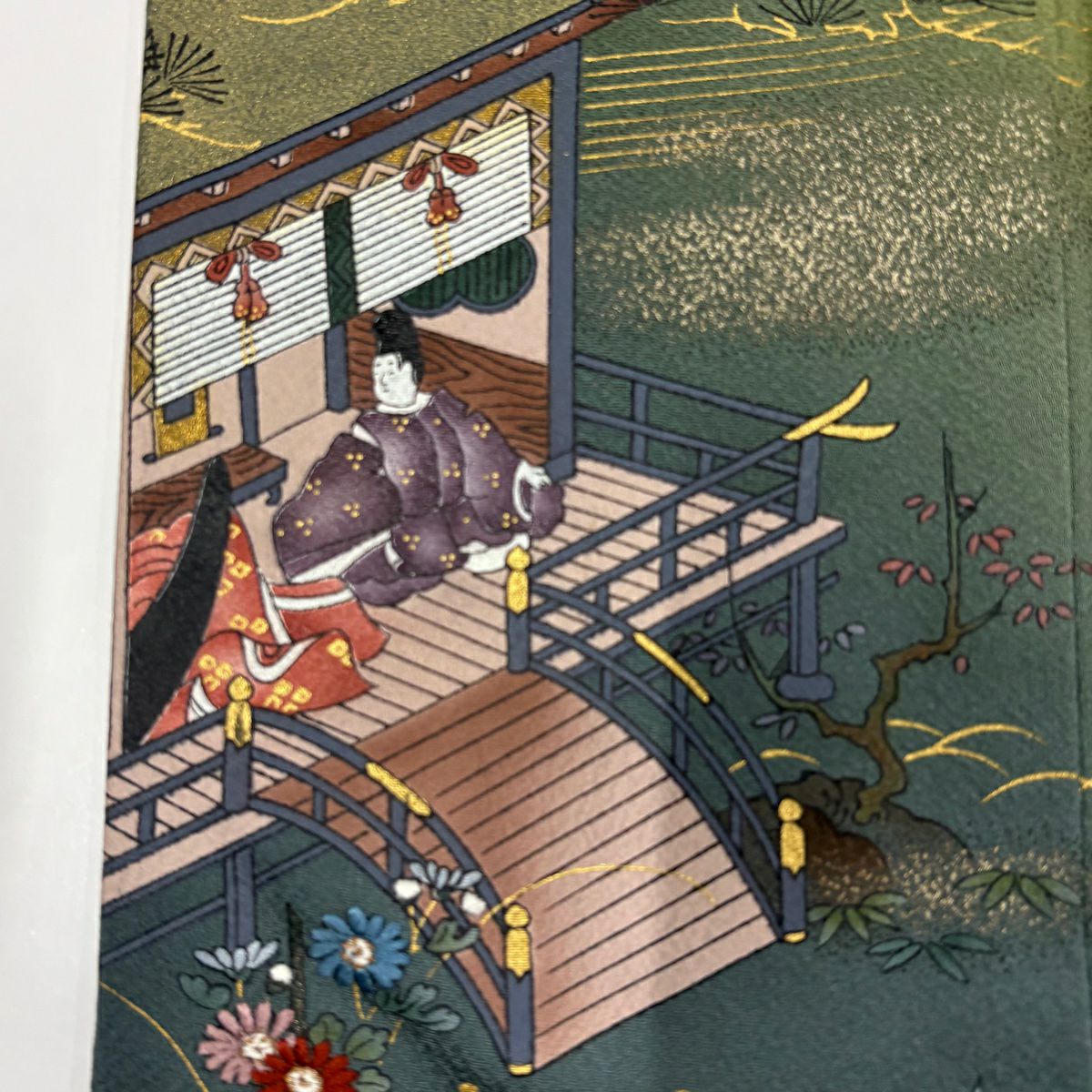 付下 身長157.5cm 袖長64cm M 雙層 檜扇子 人物刺繡 金彩裝飾 蓬色 純蠶絲 秀品級