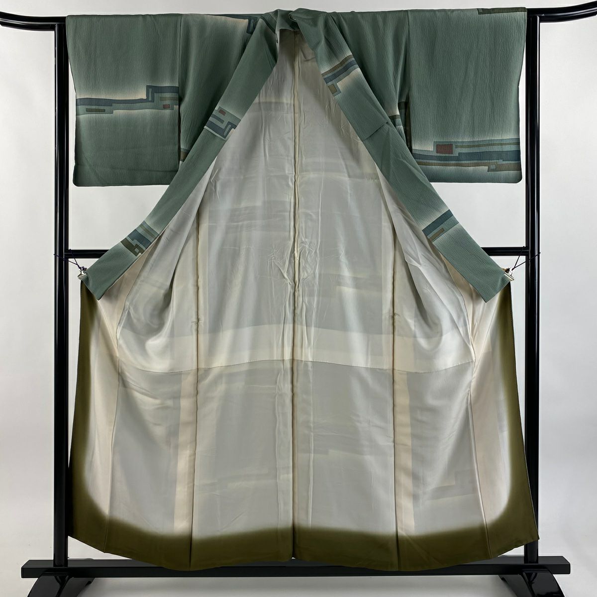 小紋 身長155cm 袖長63cm S 雙層 幾何學 漸層 灰綠 純蠶絲 優品級