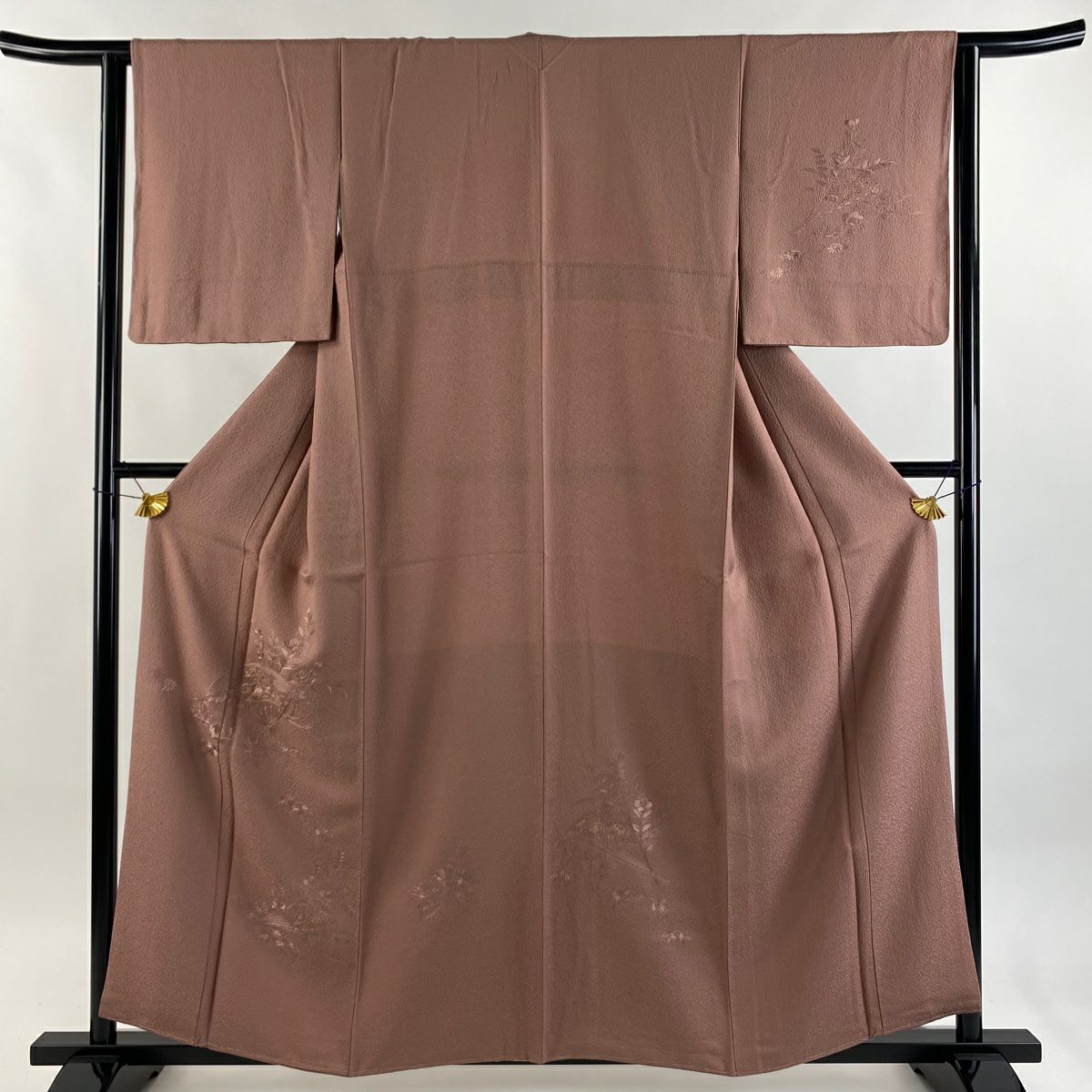 【美品】 付下 身長158cm 袖長62cm S 雙層 扇子 秋草 金糸 刺繡 淺小豆 純蠶絲 秀品級