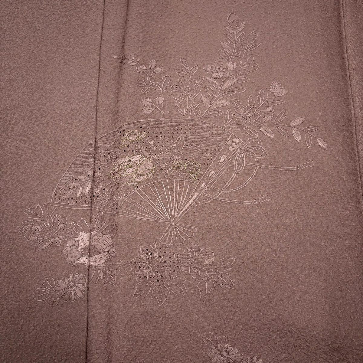 【美品】 付下 身長158cm 袖長62cm S 雙層 扇子 秋草 金糸 刺繡 淺小豆 純蠶絲 秀品級