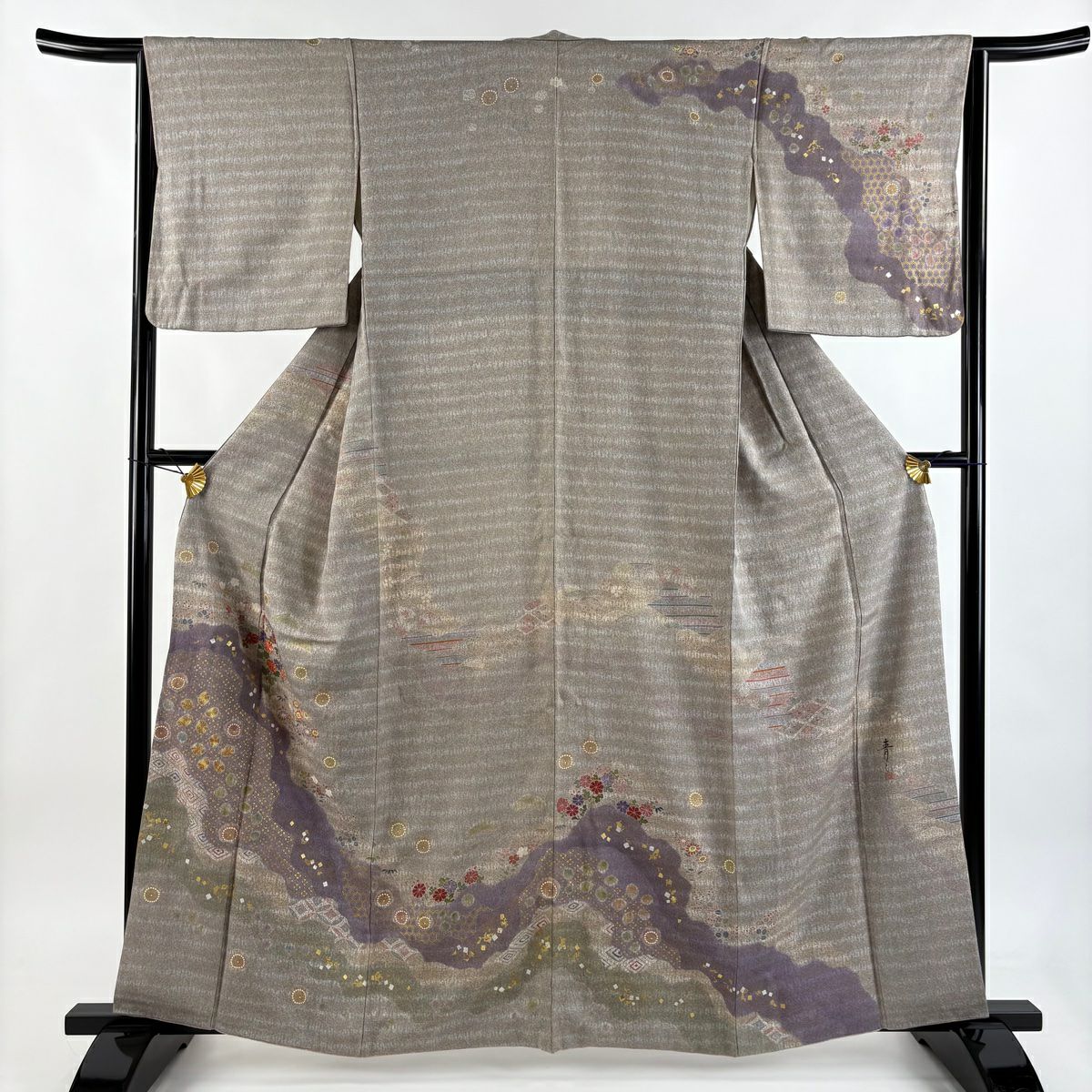 訪問服 身長162cm 袖長63.5cm S 雙層 松樹井青青 落款あり 菊花 道長取 金絲 絞染 灰茶 純蠶絲 名品級 一つ紋