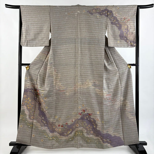 訪問服 身長162cm 袖長63.5cm S 雙層 松樹井青青 落款あり 菊花 道長取 金絲 絞染 灰茶 純蠶絲 名品級 一つ紋