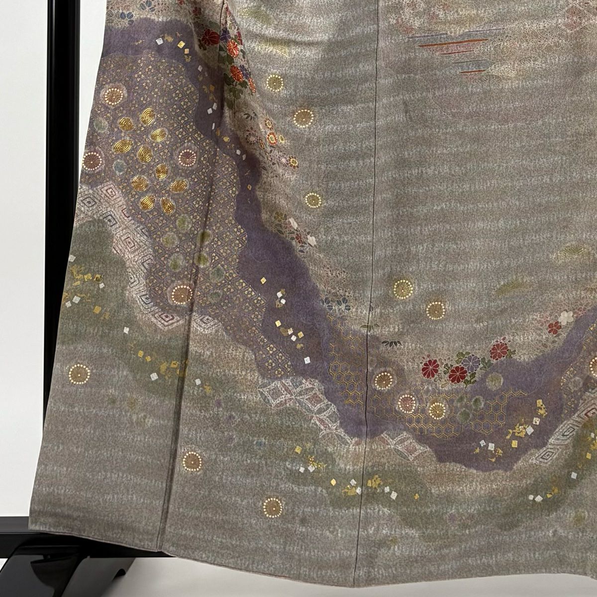 訪問服 身長162cm 袖長63.5cm S 雙層 松樹井青青 落款あり 菊花 道長取 金絲 絞染 灰茶 純蠶絲 名品級 一つ紋