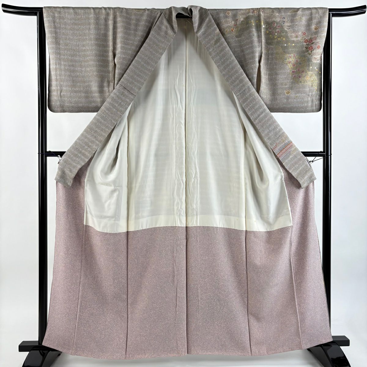 訪問服 身長162cm 袖長63.5cm S 雙層 松樹井青青 落款あり 菊花 道長取 金絲 絞染 灰茶 純蠶絲 名品級 一つ紋