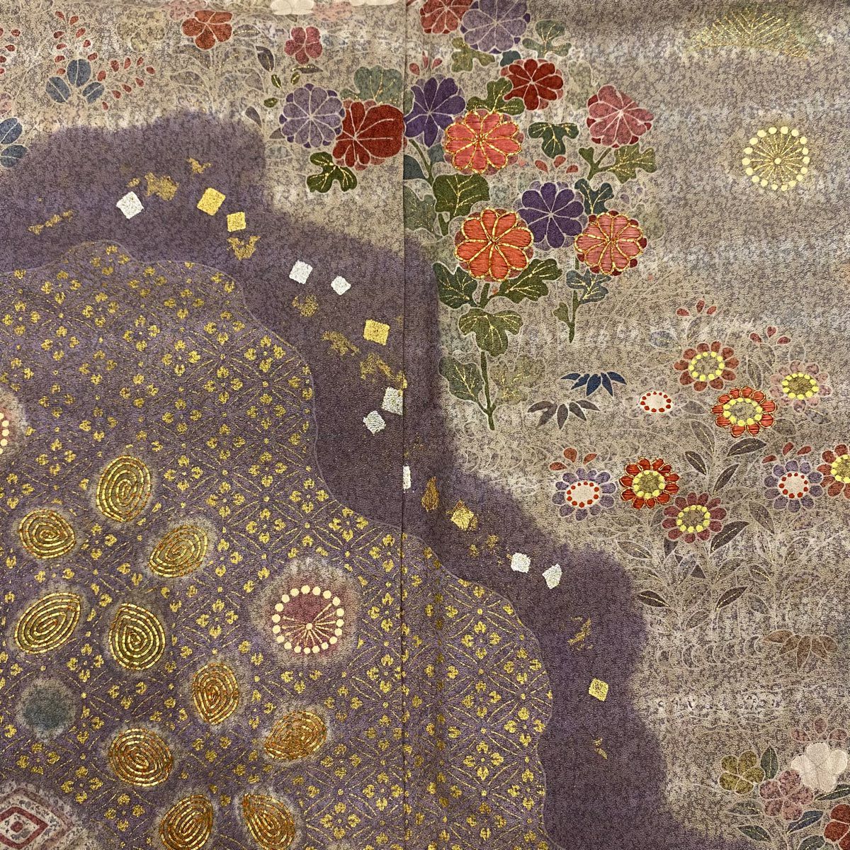 訪問服 身長162cm 袖長63.5cm S 雙層 松樹井青青 落款あり 菊花 道長取 金絲 絞染 灰茶 純蠶絲 名品級 一つ紋