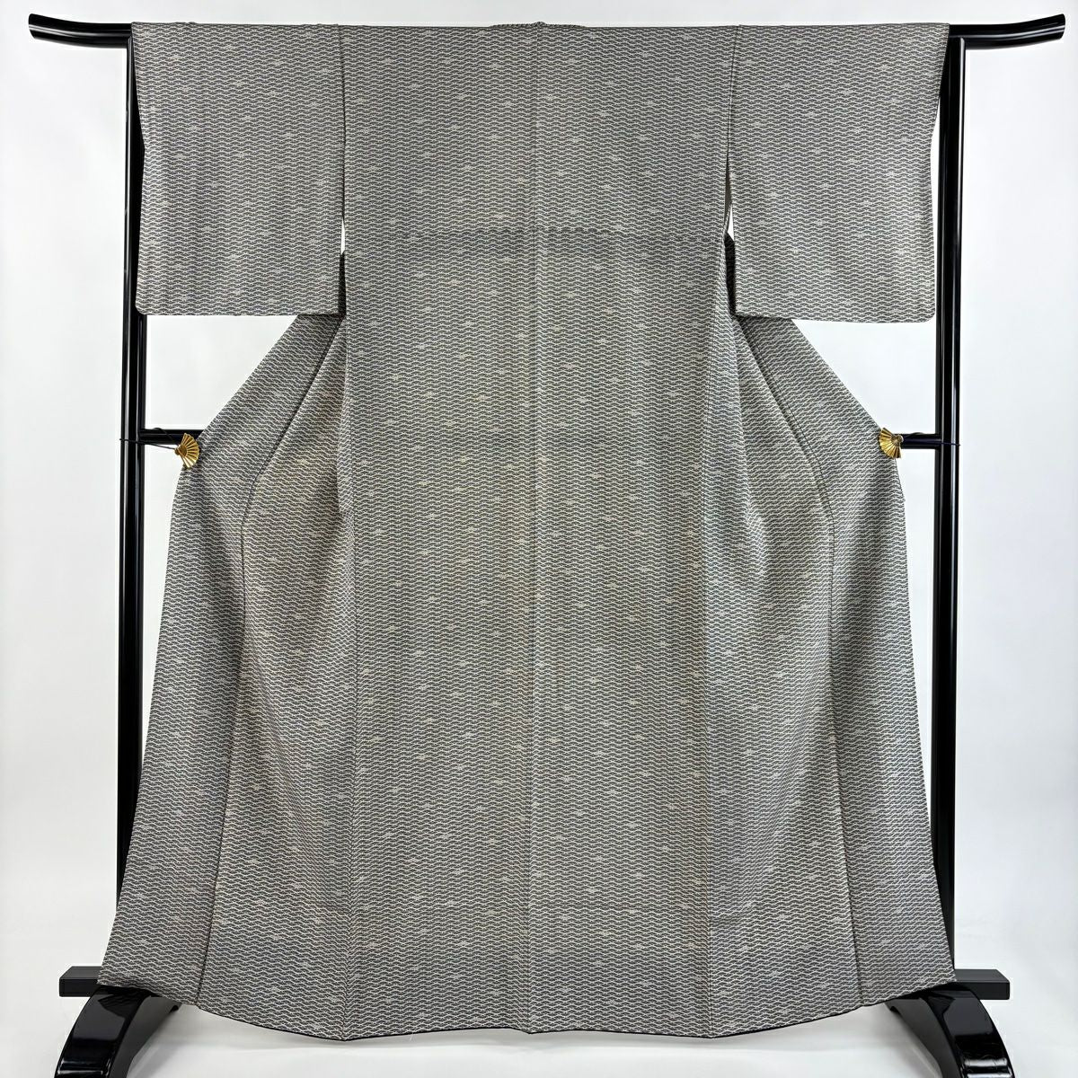 【美品】 小紋 身長164cm 袖長64.5cm M 雙層 扇子 黑灰 純蠶絲 名品級
