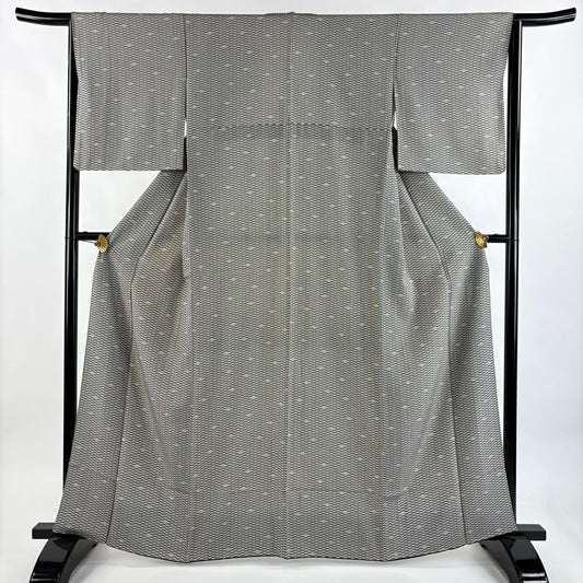 【美品】 小紋 身長164cm 袖長64.5cm M 雙層 扇子 黑灰 純蠶絲 名品級
