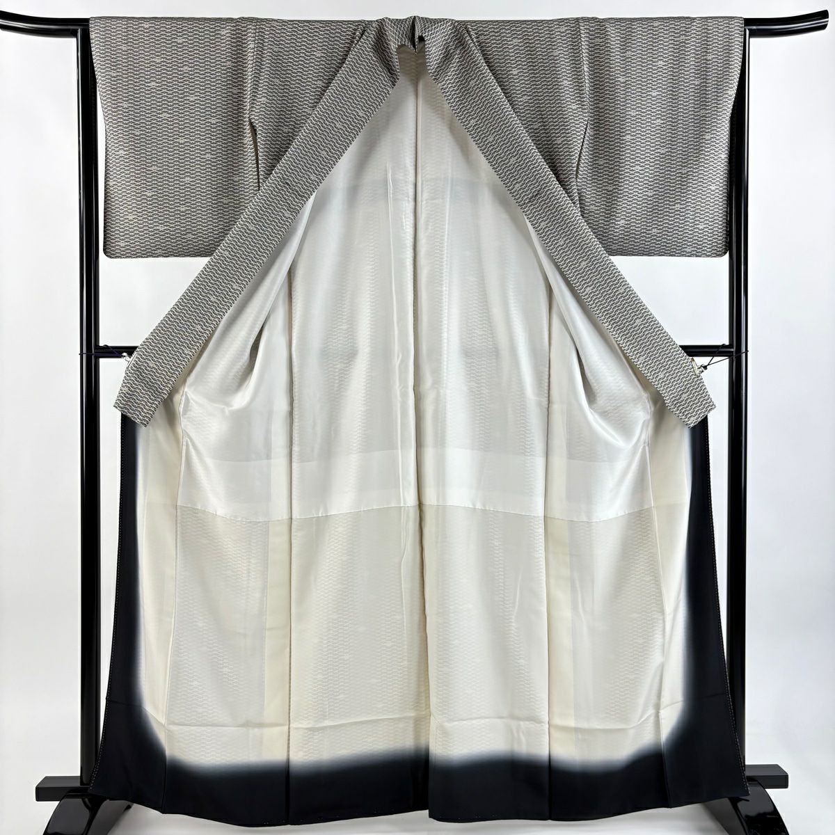 【美品】 小紋 身長164cm 袖長64.5cm M 雙層 扇子 黑灰 純蠶絲 名品級