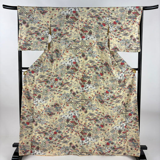 【美品】 小紋 身長167.5cm 袖長65.5cm M 雙層 建物 松樹竹子梅花 米色 純蠶絲 優品級