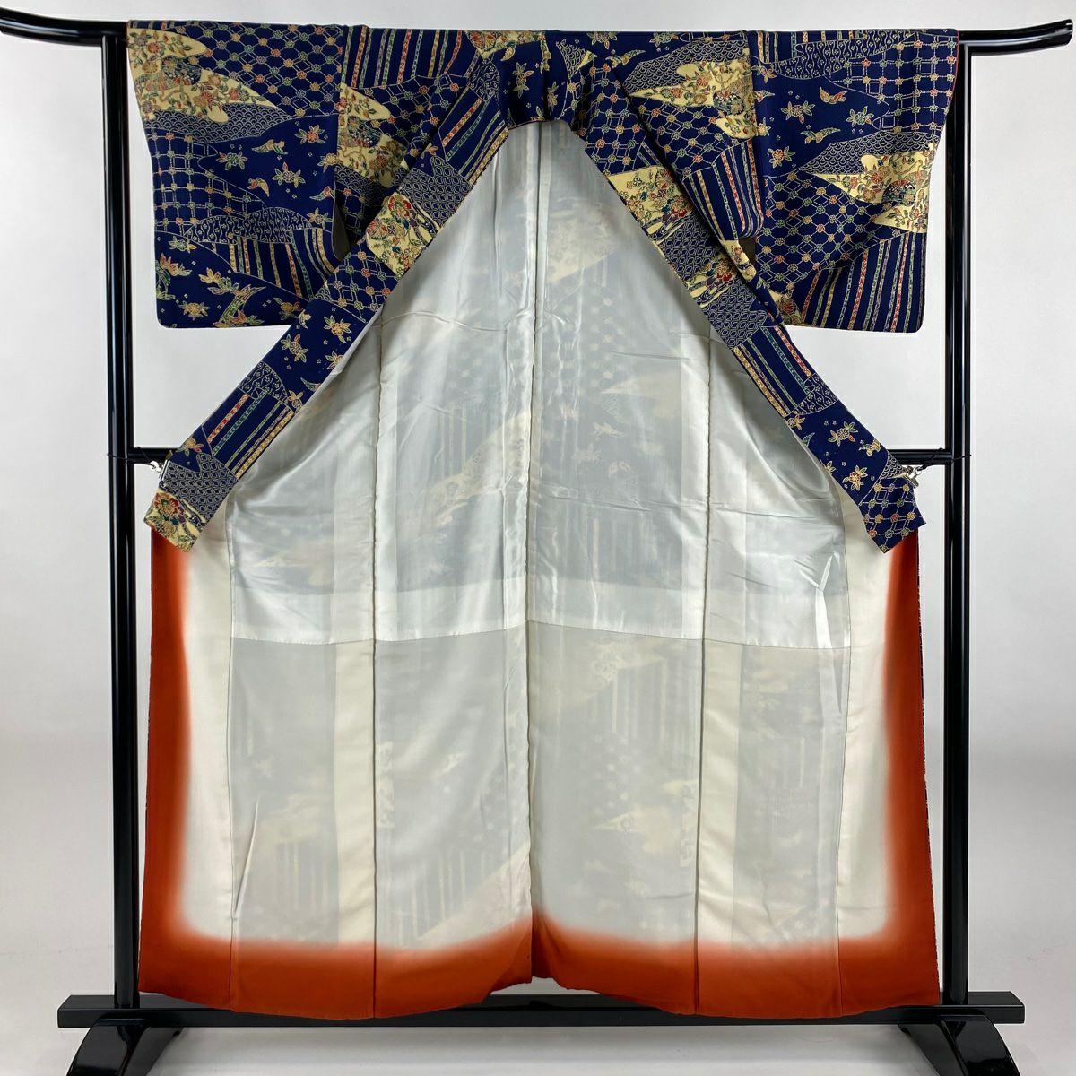 小紋 身長158cm 袖長63cm S 雙層 笹 梅花 深藍 純蠶絲 優品級
